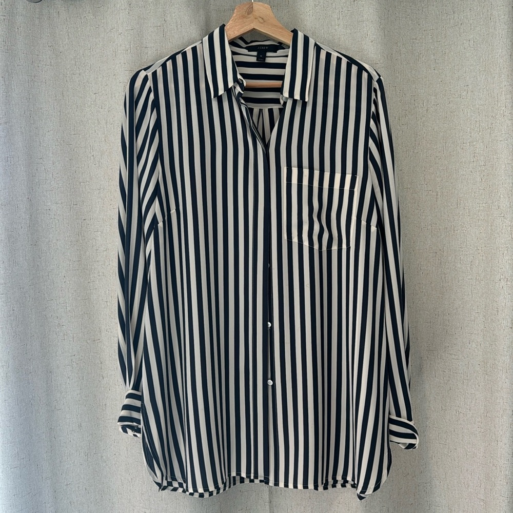 J.Crew 100% silk blue and white stripe button up blouse